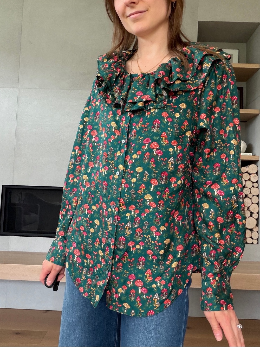 J. Crew collection 100% silk Forest Green Floral Ruffle-Trim mushroom Blouse - Picture 3 of 11
